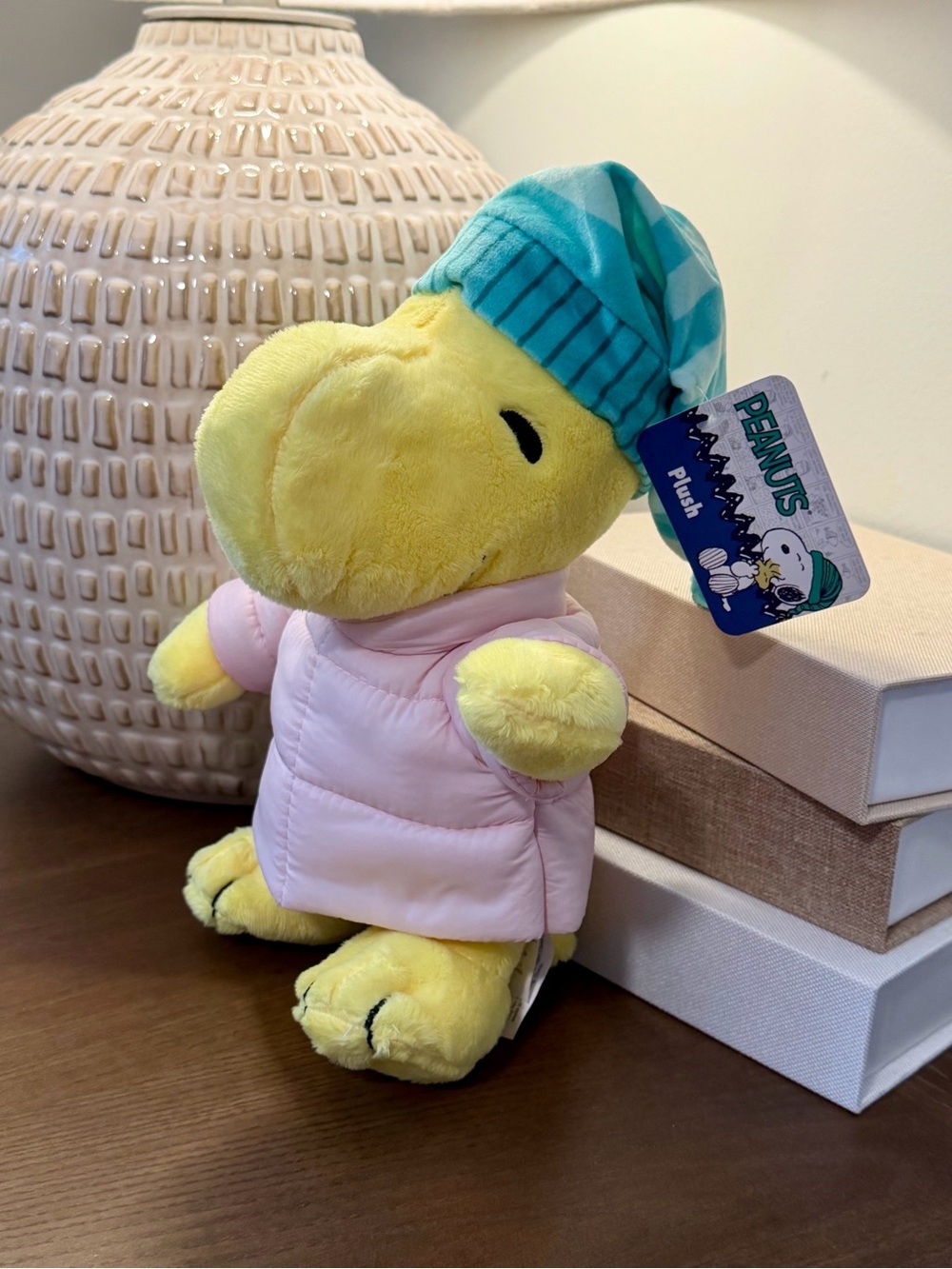 Peanuts Woodstock Plush in Yellow with Pink Coat and Teal Striped Hat